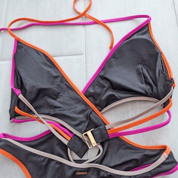 Victoria's Secret Monokini Cross Front Brazilian Cut Black w Multicolored Trim S - Picture 4 of 9